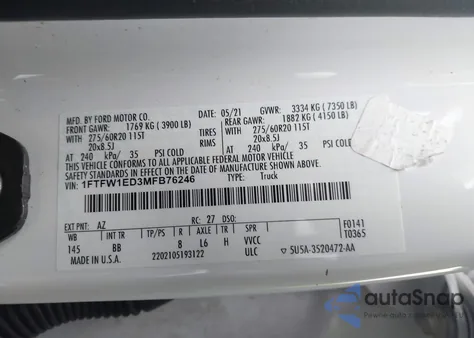 2021 Ford F-150 Platinum from USA, damaged, VIN 1FTFW1ED3MFB76246